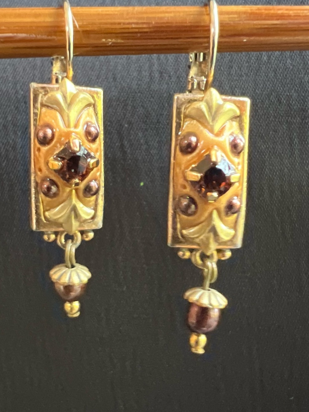 Michal Golan Vintage Amber Crystal Bar Earrings With Black Pearl Accents